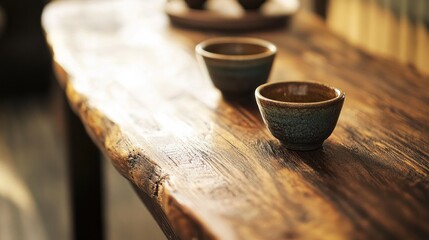 Rustic wooden table, teacups, warm lighting, blurred background