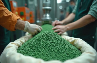 Workers in a factory handle a large pile of green plastic pellets. Raw material is processed for manufacturing into pipes and other plastic goods. Industry production facility.