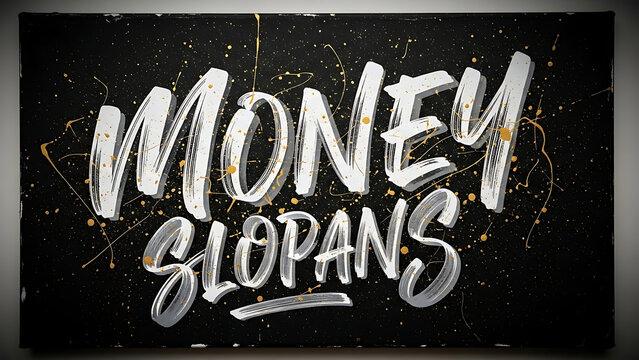 White handwritten money slogans on black background with gold splatters isolated on a