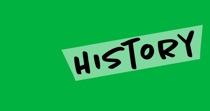 Digital animation of history text over white banner against black background