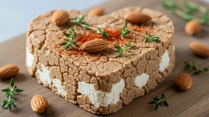 Heart-shaped savory p&acirc;t&eacute; adorned with almonds and herbs, a gourmet appetizer for special occasions.