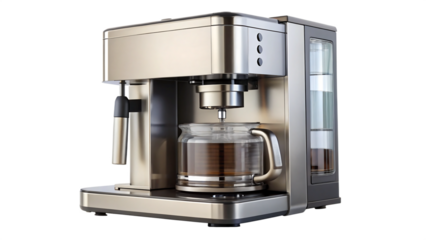 a modern coffee maker with refined edges and precise brewing components, isolated on a transparent background