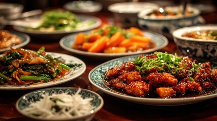 Chinese food plates creating festive restaurant dinner spread