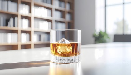 Close-up of amber whiskey in a heavy crystal glass, a single large clear ice sphere