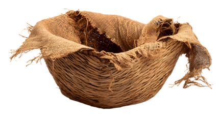 Crushed natural fiber wicker basket unraveling with frayed edges and loose threads on white background with crushed basket and unraveling fabric