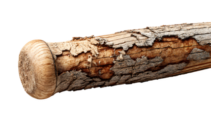 Splintered wooden baseball bat with rough texture and peeling bark isolated on white background for sports equipment or damaged object concept