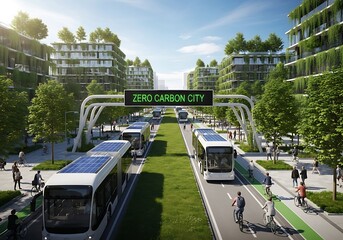 Modern urban transportation corridor features solar powered buses and extensive pedestrian and cycling infrastructure