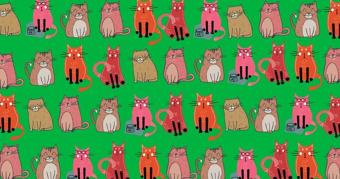 Digital animation of multiple colorful cat icons against black background