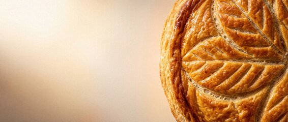 Traditional French Galette des Rois or King Cake close-up with golden puff pastry and intricate leaf pattern. Delicious Epiphany dessert background with copy space for text on the left.