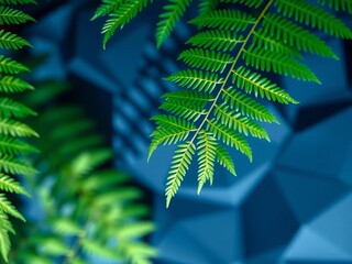 Emerald fronds unfurl across abstract indigo polygons, soft focus highlights intricate venation,  elegant,  sophisticated