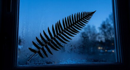 Silhouette of Fern Leaf on Frosted Winter Window at Twilight