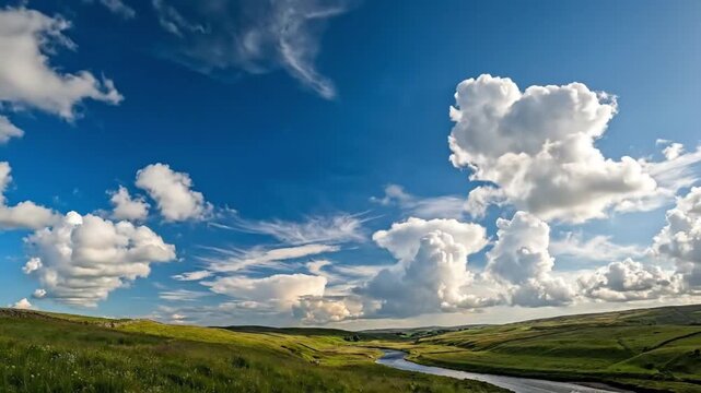 A breathtaking wide shot captures a serene natural landscape under a brilliant, expansive deep blue sky, adorned with magnificent, voluminous cumulus clouds and delicate wisps of cirrus, creating a dy