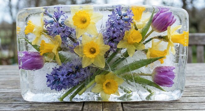 Spring Bouquet of Daffodils and Tulips Frozen in a Solid Block of Ice