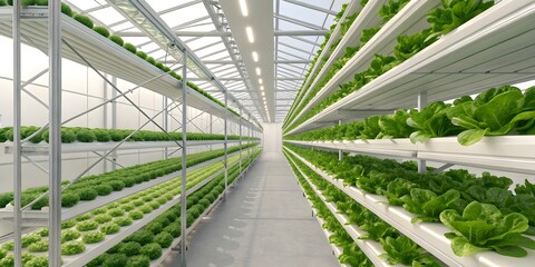 Modern hydroponic greenhouse farm with fresh lettuce representing sustainable agriculture and food technology