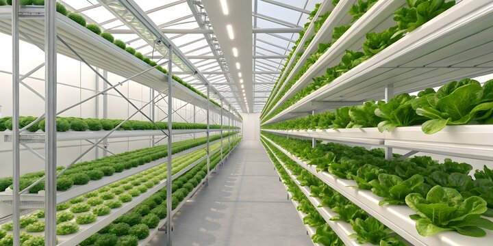 Modern hydroponic greenhouse farm with fresh lettuce representing sustainable agriculture and food technology - Powered by Adobe