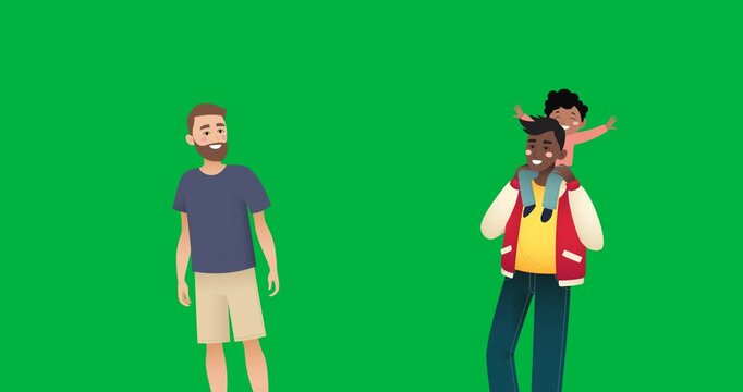 Digital animation of gay couple with their kid against black background