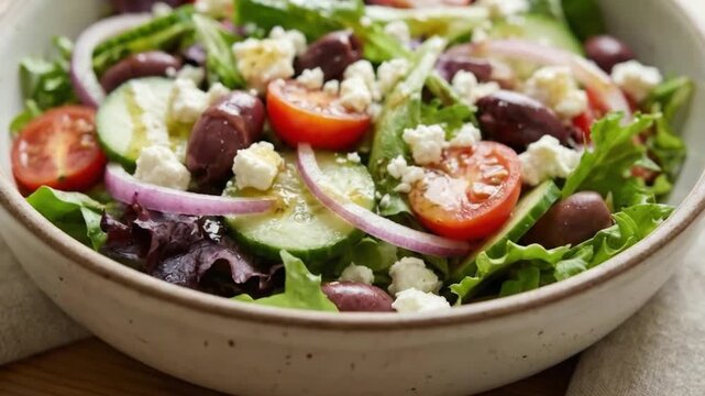 A captivating close-up highlights a fresh and vibrant salad, beautifully composed in a rustic bowl. Crisp mixed greens form the base, topped generously with refreshing cucumber slices, juicy halved ch