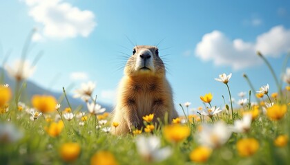 Alert marmot stands in blooming meadow with yellow and white flowers. Cute rodent looks curious into the camera. Bright sunny day with blue sky and clouds above.