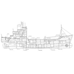 Fototapeta premium Detailed Blueprint of a Cargo Ship Showing Internal Structure and Layout.