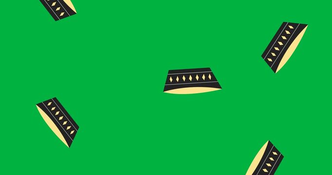 Digital animation of multiple pie icons falling against black background