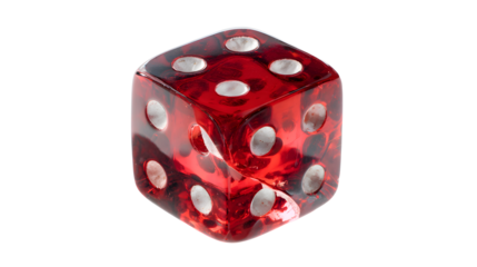 Red translucent dice with a chipped corner and white dots on a plain white background for gaming or chance concepts with luck and isolated and toy