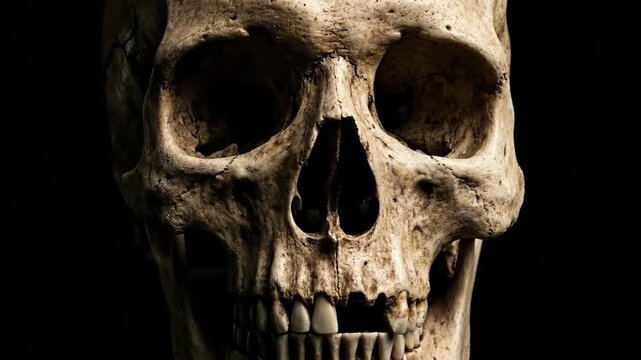 A captivating extreme close-up shot meticulously details the ancient, weathered texture of a human skull, set against a stark, deep black background. Dramatic, focused lighting emphasizes every intric