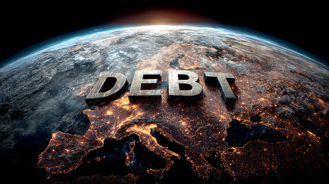 USA highlighted on a world map with the word DEBT prominently displayed, symbolizing national finance, economic pressure, and global fiscal relationships.
- Powered by Adobe