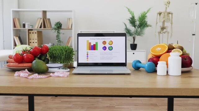A laptop displays a nutrition chart surrounded by fresh fruits, vegetables, and exercise equipment on a wooden table, promoting a healthy lifestyle.