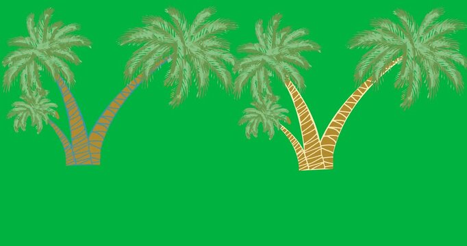 Digital animation of multiple palm trees icons floating against black background