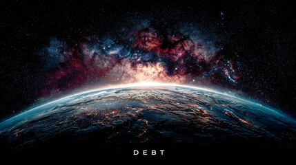 USA highlighted on a world map with the word DEBT prominently displayed, symbolizing national finance, economic pressure, and global fiscal relationships.
