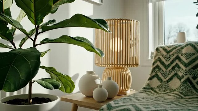 Calming Home Interior Featuring Fiddle Leaf Fig Plant And Decorative Items Near A Window