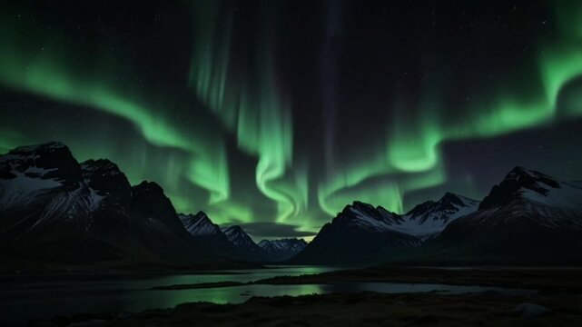 The Aurora Borealis phenomenon is truly breathtaking. The sharp, dramatic silhouettes of the mountains provide a powerful contrast against the soft light of the sky.