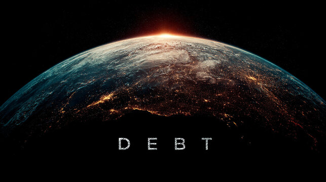 USA highlighted on a world map with the word DEBT prominently displayed, symbolizing national finance, economic pressure, and global fiscal relationships.
 - Powered by Adobe
