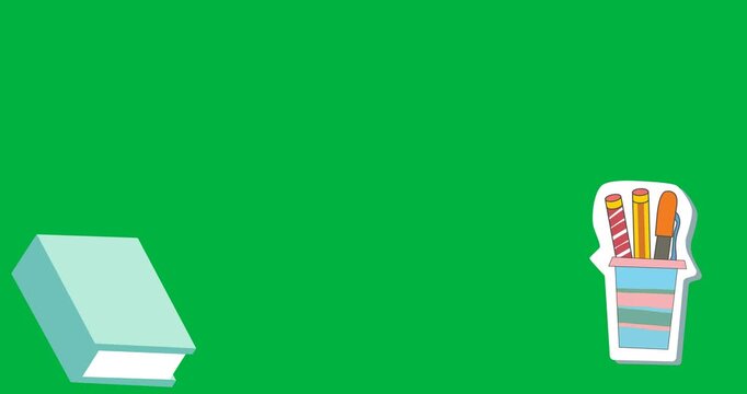 Digital animation of notebook and pens stand icon against black background
