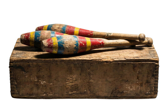 Vintage juggling clubs on wooden crate. Worn circus pins.
