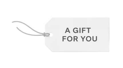 White rectangular gift tag with grey string and "A GIFT FOR YOU" text isolated PNG with Transparent Background