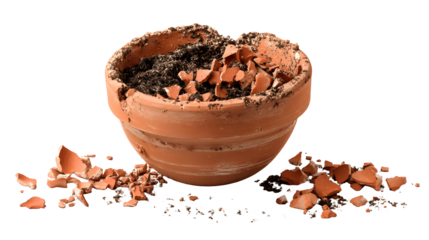 Shattered clay flower pot broken into multiple terracotta pieces with soil scattered on white background with destruction and fragile and object