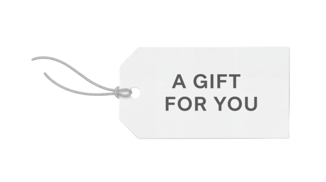 White rectangular gift tag with grey string and "A GIFT FOR YOU" text isolated PNG with Transparent Background - Powered by Adobe