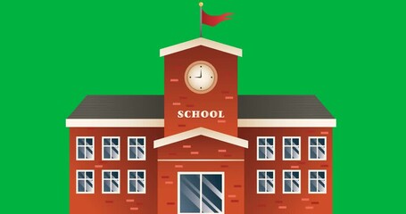 Digital animation of school building icon against black background - Powered by Adobe