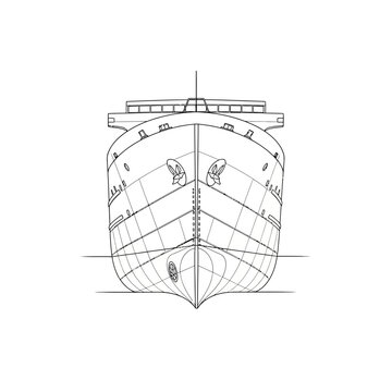 Front view sketch of a large cargo ship hull design.