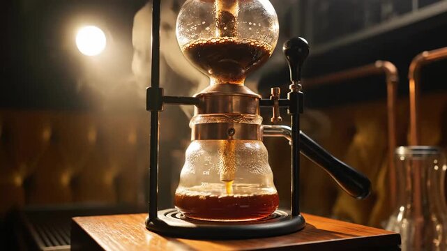 Coffee Preparation With Syphon Brewer And Steam Rising In Atmospheric Light