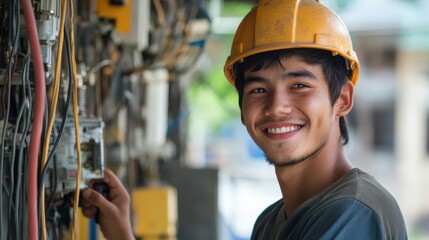 Smiling technician working on electrical equipment in a workshop