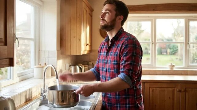 A cheerful man with a neatly trimmed beard and a red and blue plaid shirt is diligently washing a large metal pot in a su sudsy kitchen sink. He smiles broadly, conveying a sense of satisfaction and c