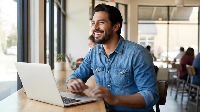 A cheerful, smiling man, dressed casually in a denim shirt, is engrossed in typing on a generic laptop computer while seated at a wooden table in a brightly lit, contemporary public space, possibly a 