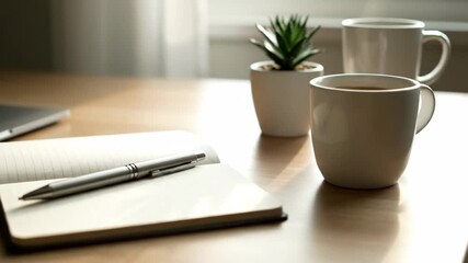 Workspace Setup: A minimalist workspace setup featuring a notebook, pen, and a mug of coffee. natural light, and a touch of greenery.