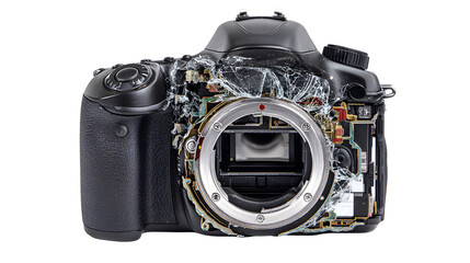 A disassembled dslr camera body with the shutter mirror smashed on a white background, showing internal components and electronic parts exposed
