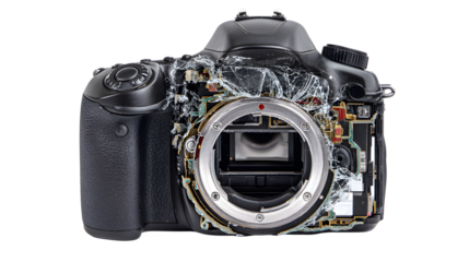 A disassembled dslr camera body with the shutter mirror smashed on a white background, showing internal components and electronic parts exposed