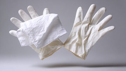 Floating White Rubber Gloves and Tissue Paper on Gray Background