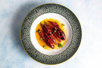 Plate of tasty boiled crayfish