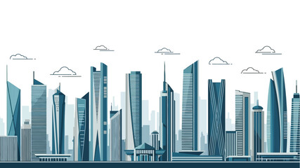 Obraz premium Modern city skyline with diverse skyscrapers against a white background, showcasing contemporary urban architecture